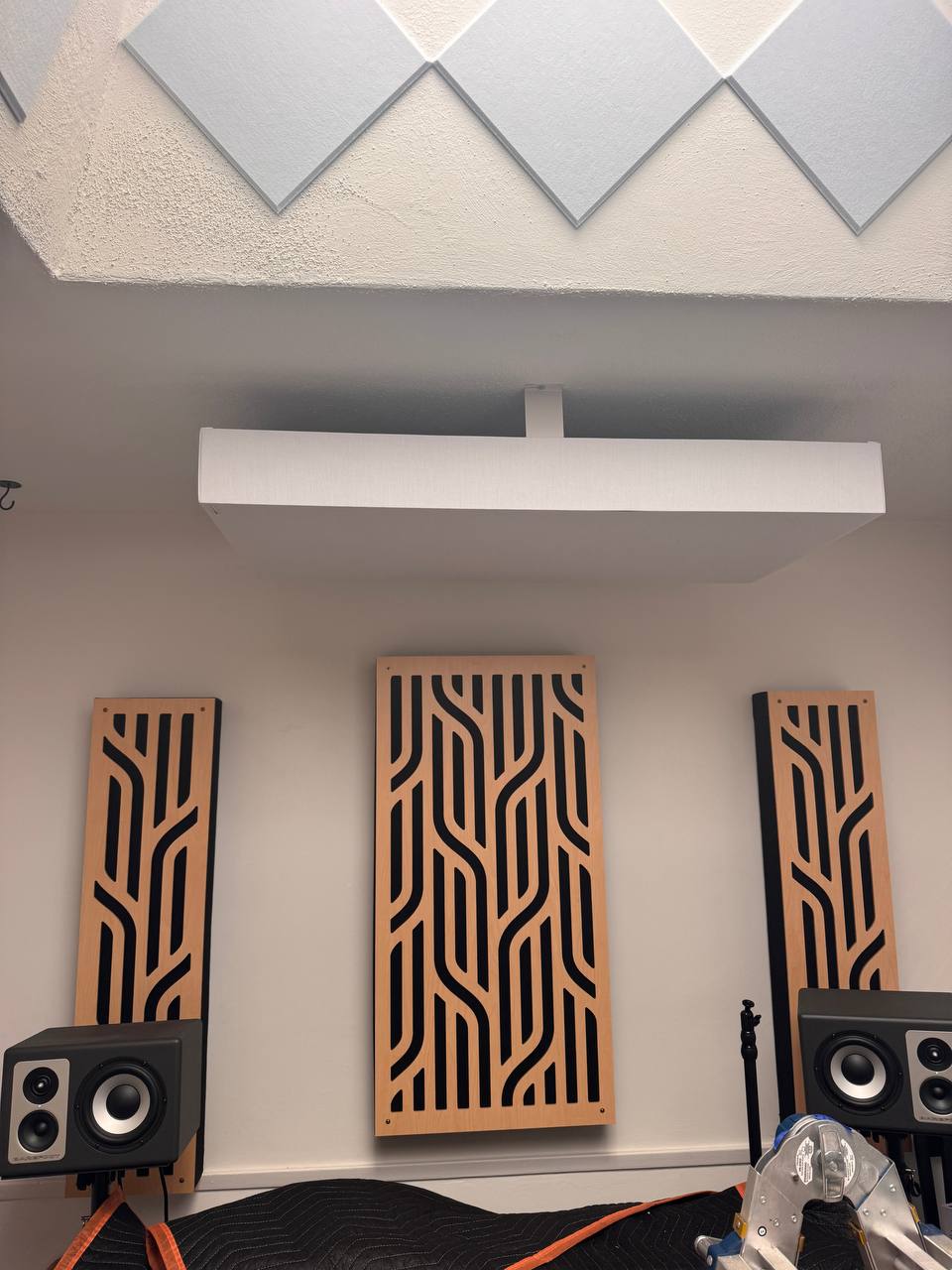 Close view of mounted acoustic panels in a music room